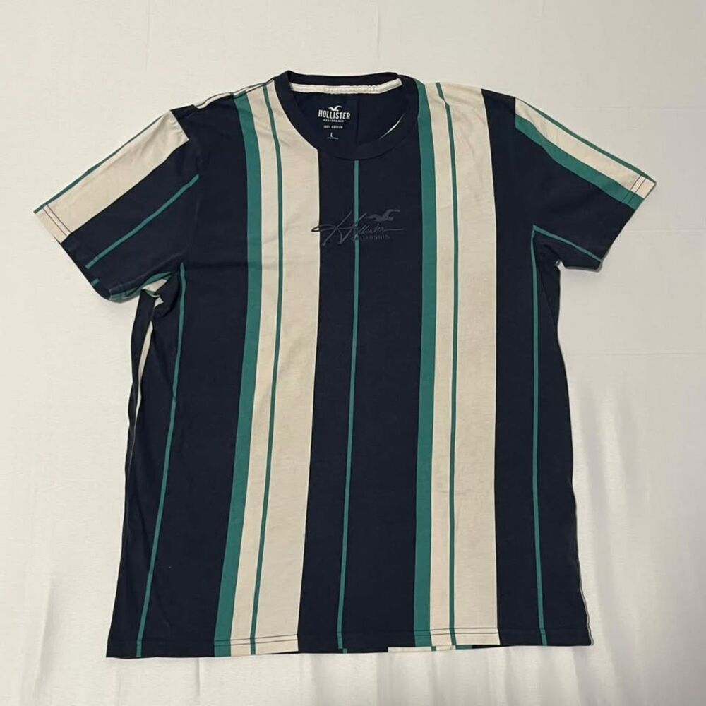 Hollister Men's L Navy Green Cream Vertical Striped T-Shirt 100% Cotton